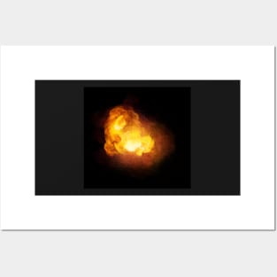 Fiery bomb explosion, orange color with sparks and smoke Posters and Art